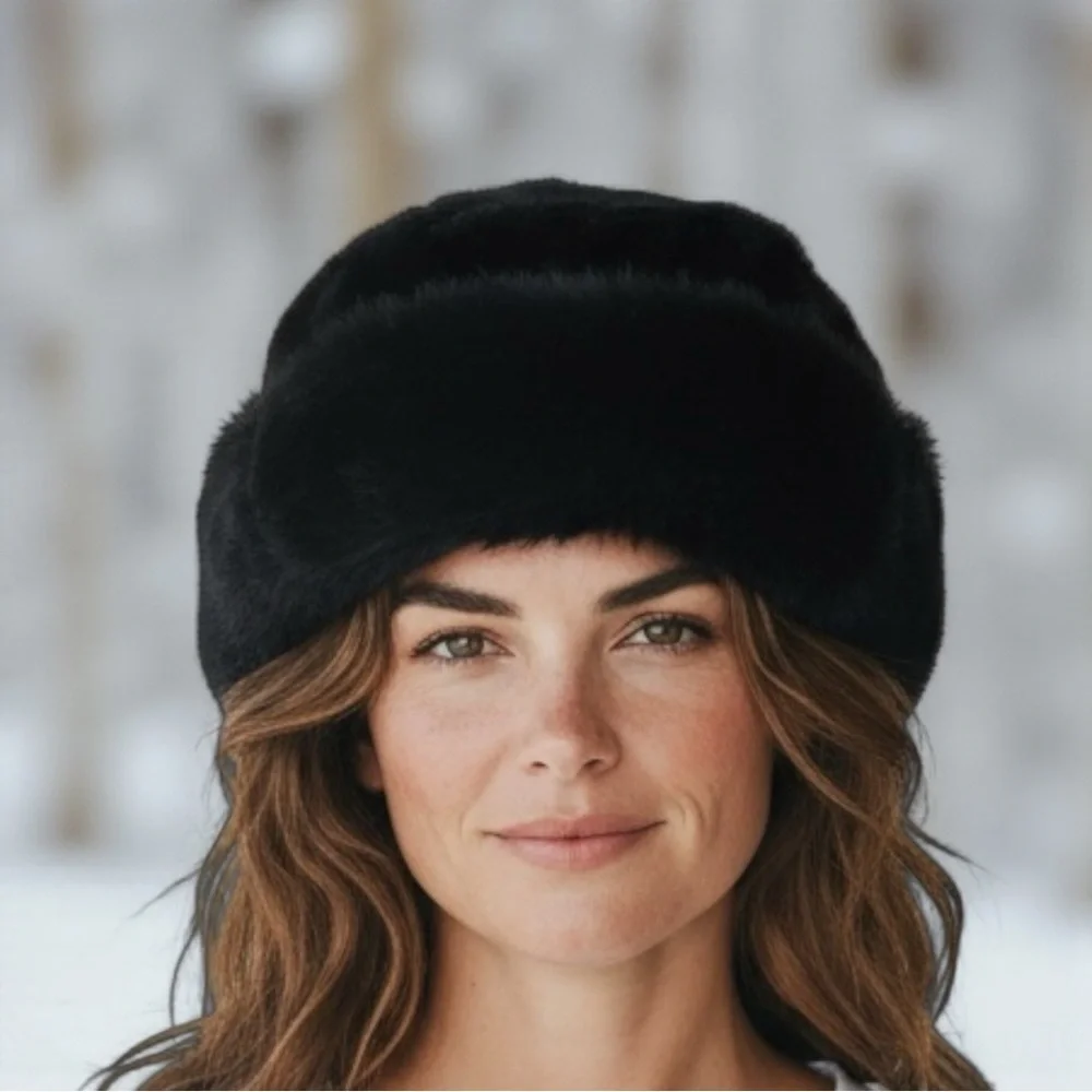 SJ Black Faux Fur Winter Hat Plush Lined Beanie One Siz Elegant Black Faux Fur